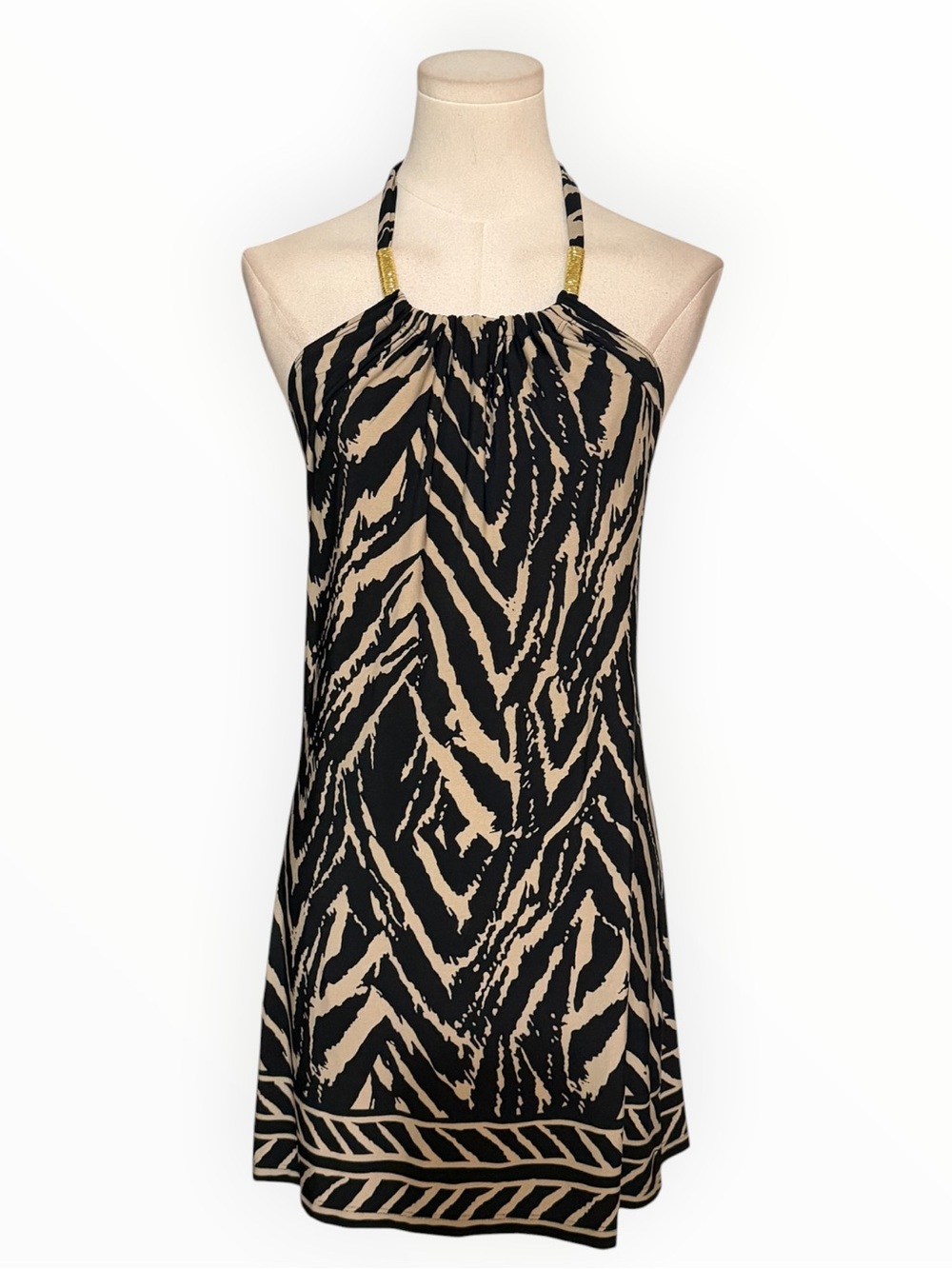CACHE Black Tan Zebra Print Backless Halter Mini Dress Gold Vintage Y2K Party S